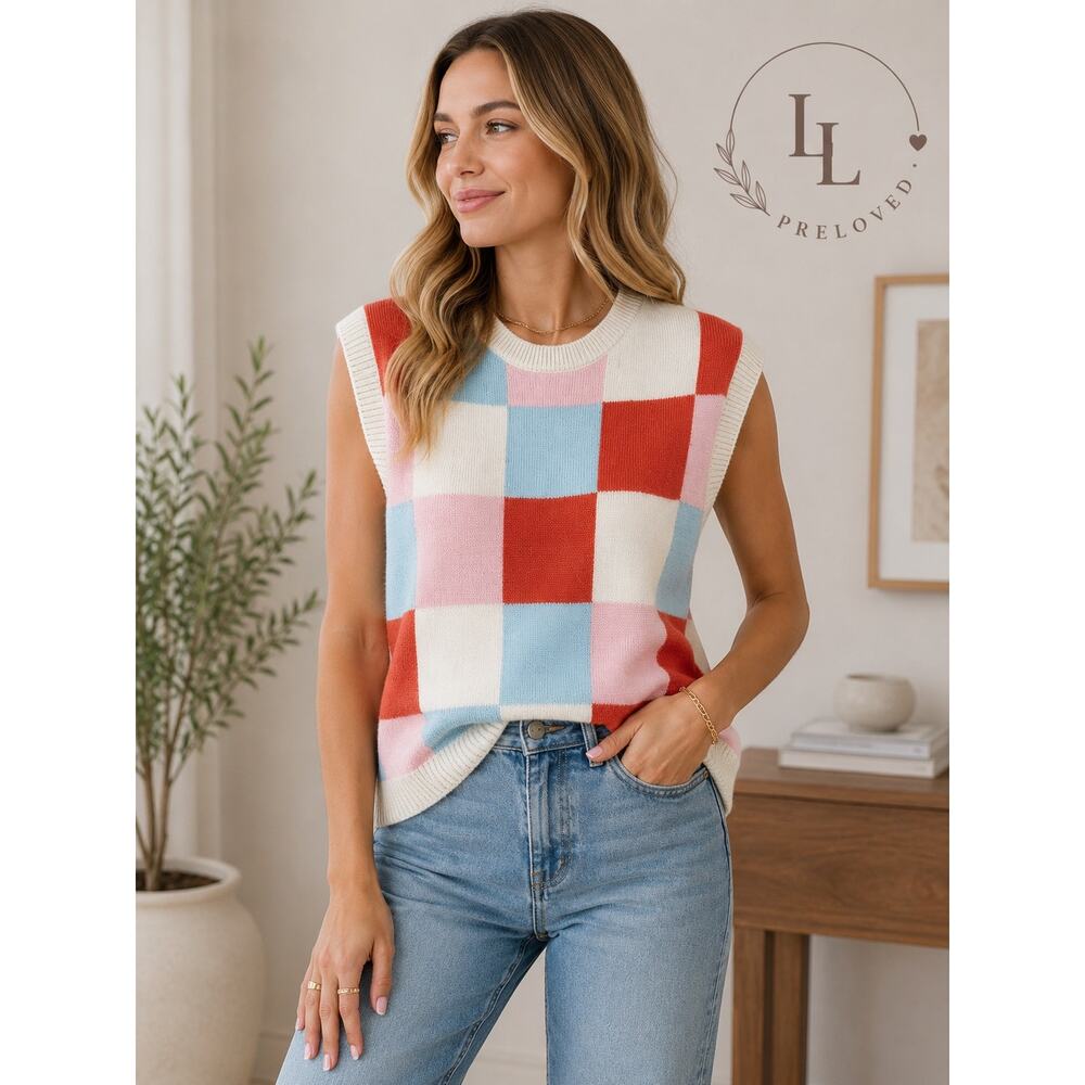 Lillusory Colorblock Sweater Vest Womens Oversized Checkerboard Cream Knit